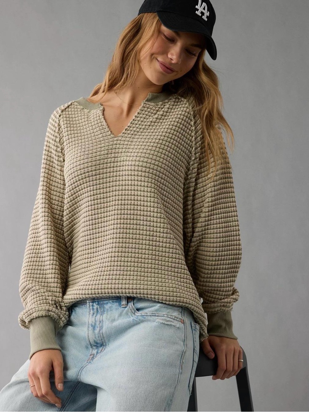 American Eagle Big Hug Notch Neck Waffle Sweatshirt